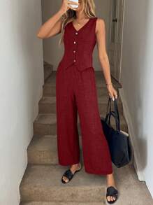 Easowa Bộ 2 món/Bộ vest xanh và quần túi cho nữ, Xuân Hè - Màu Đỏ Sâu - Xem 3