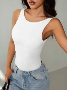 SHEIN PETITE Women's Solid Color White Sleeveless Casual Backless Bodysuit,For Dailywear - White - View 3