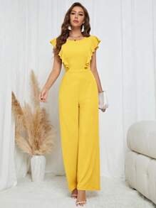 SHEIN Tall Women's Solid Color Ruffled Collar Elegant Jumpsuit, Suitable For Commuting In Summer - Yellow - View 3