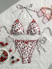 Swim Mod 2pcs/Set Halter Backless Strawberry & Cherry Print Bowknot Ruffle Hem Cute Ladies Bikini Set For Summer Beach Vacation