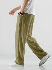 Claim Dot Pantalones largos de unicolor con cordón en la cintura para hombres, uso casual diario, otoño - Verde militar - Ver 2