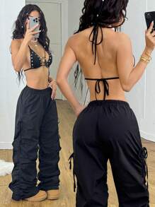 Coolane 2pcs Women Summer Fashion Solid Color Camisole Top And Pants Set - Black - View 3