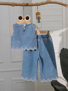 SHEIN Vintaside Kids Little Girl Clothes Sets Baby Girl Fashion Hem Embroidery Sleeveless Top And Long Pants 2-Piece Set - Blue - View 2