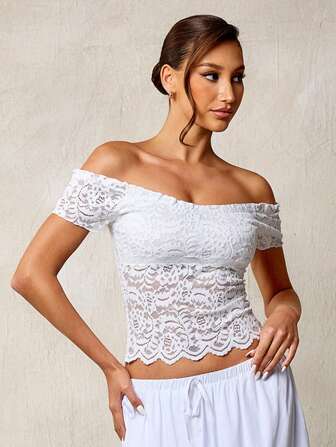 Glamine Women's Sexy Lace Square Collar Waist Cinched See-Through T-Shirt, Shoulder Revealing, Summer