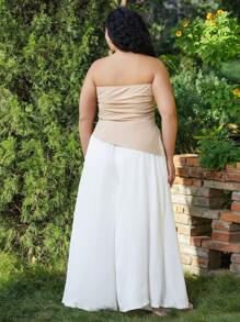 SHEIN EZwear Plus Size Black Pleated Slit Strapless Knit Stretch Top - Brown - View 2