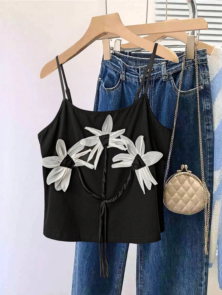 Flirla 大码黑色3D花朵图案百搭时尚吊带背心 - 黑色 - 查看 1