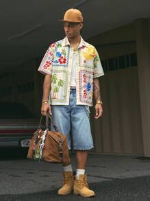 AXEPEAK 时尚街头风格花卉印花短款男士衬衫，街头风格 - 杏色 - 查看 6