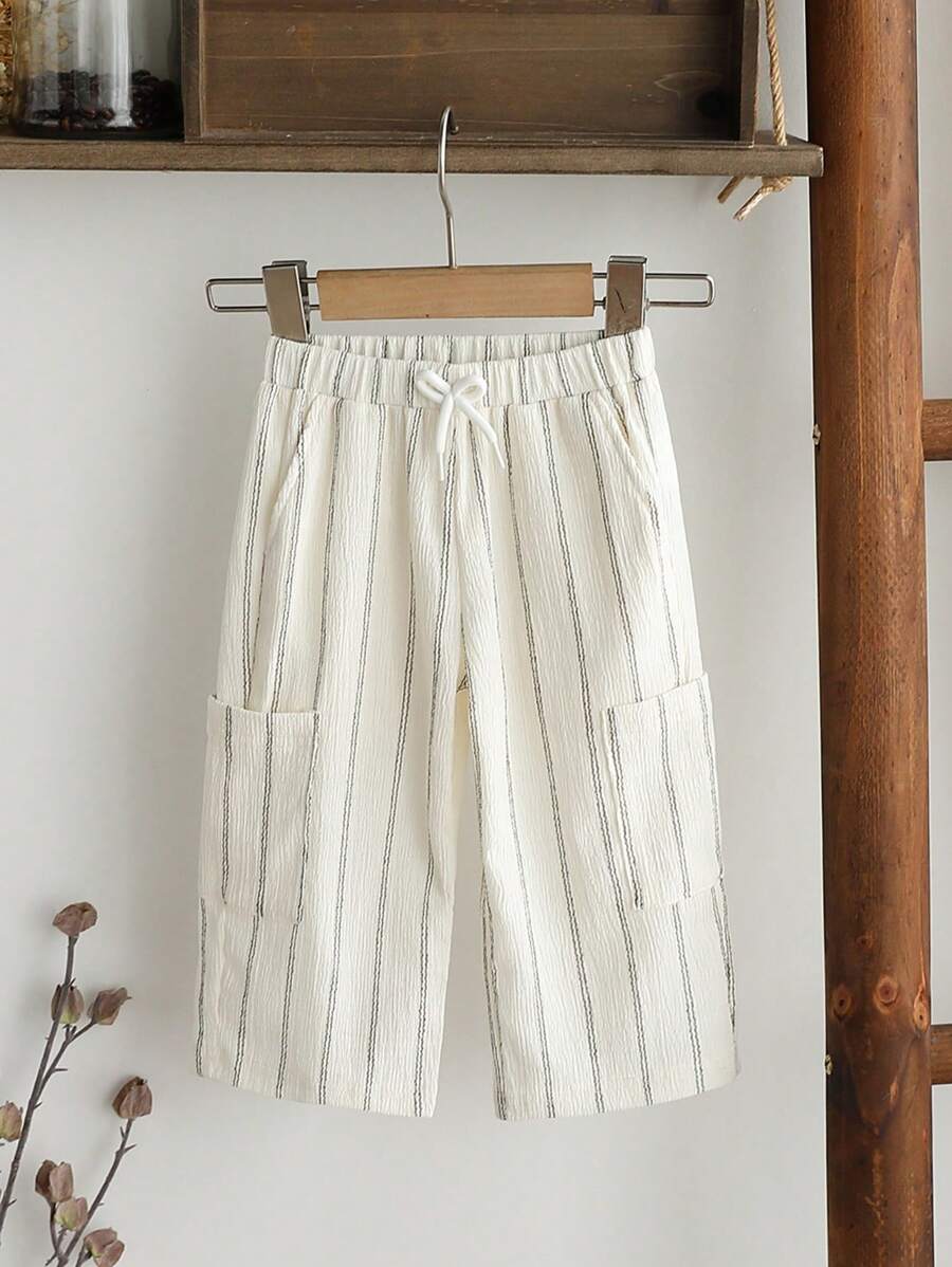 SHEIN Vintaside Kids Baby Boys Infant Casual Everyday Simple Versatile Fashion Striped Wide Leg Pants, Loose & Comfortable, Suitable For Baby's Daily Activities, Outdoor Play And Vacation Wear