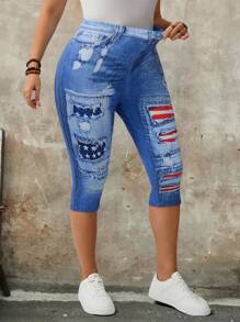 SHEIN LUNE Plus Size Denim Effect Print Summer Leggings For Spring And Summer - Multicolor - View 4