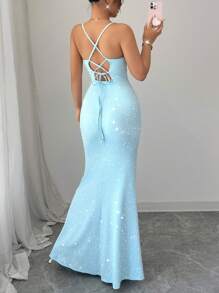 Elenzga 女式闪亮亮片细肩带系带派对礼服