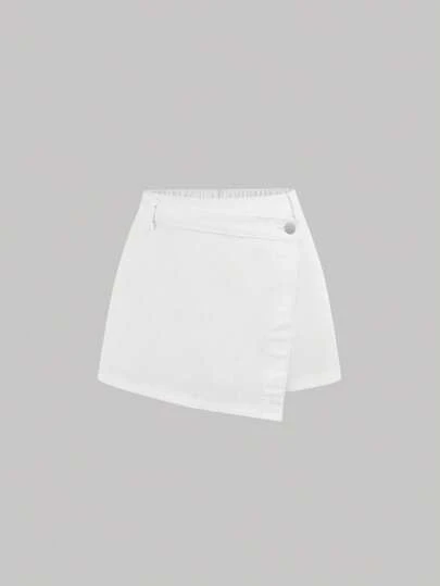 SHEIN Girlism Falda pantalón asimétrica de cintura envolvente de mezclilla de color sólido para adolescentes, ropa de verano estilo Y2K