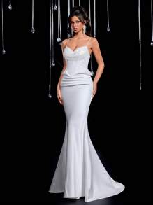 Glamrae Thân áo xếp nếp màu trắng cổ điển sang trọng với thiết kế xương cá, dây đeo chéo sau lưng có thể điều chỉnh, chân váy xếp nếp đuôi cá, phù hợp cho đám cưới, váy dạ hội và những dịp trang trọng - trắng - Xem 6