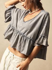 Bohemela 休闲V领纯色针织短袖荷叶边水洗女式T恤