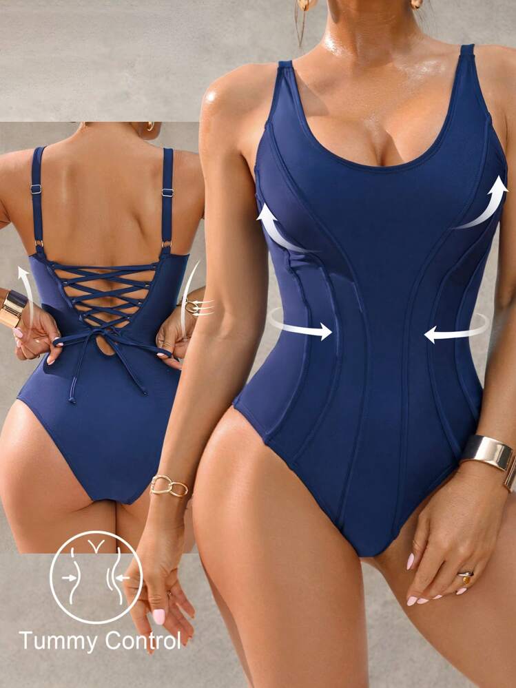 Shapewave 1 Peça Maiô Feminino Modelador de Barriga com Push-Up, Azul Marinho, Elegante Casual para Primavera, Verão, Férias, Praia, Festa, Festival de Música - Azul - Visão 3