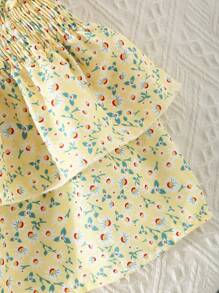 SHEIN Genkimix Kids 2pcs/Set Young Girls' Vacation Casual Sleeveless Solid Tank Top And Elastic Waist Ditsy Floral Layered Ruffled Skirt Set, Summer - Mustard Yellow - View 4