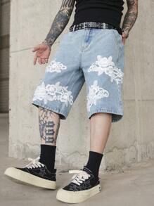Manfinity EMRG Men's Floral Applique Pocket Casual Versatile Denim Shorts