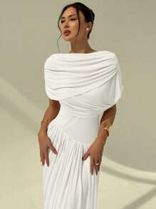 Aloruh Women's Solid Color Pleated Batwing Sleeve Elegant Dress - White - View 3