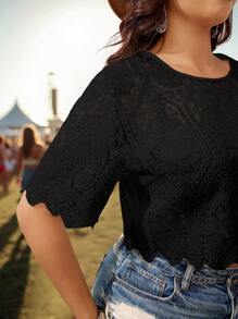 SHEIN VCAY Plus Size Women Vacation Island Music Festival Romantic White Mesh Embroidered Round Neck Short Sleeve Cropped Top - Black - View 7