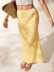 Easelle 黄色棉麻长裙，休闲度假风格 - 黃色 - 查看 8