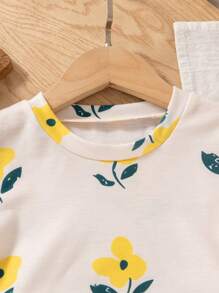 Elladie kids Summer Young Girls Flower Print Round Neck Short Sleeve T-Shirt&Ribbed Comfortable Fashion Pants - Yellow - View 5