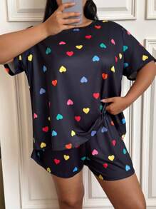 SHEIN Colorful Heart Print Crew Neck Short Sleeve& Shorts Plus Size Pajamas Set - Black - View 5