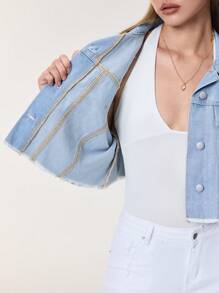 SHEIN Frenchy Chaqueta corta de jean con aplicaciones de bordados y lentejuelas para mujer - Azul - Ver 11