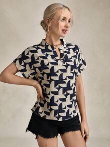 SHEIN LUNE Women's Short Sleeve Stand Collar Teacher Work Shirt, Summer