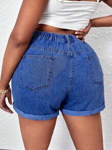 Slaydiva Plus Size Plain Pleated Pocket Design Casual Summer Denim Shorts - Dark Wash - View 2
