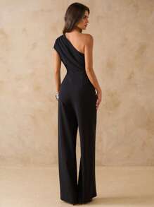 SHEIN BAE Women's Plain Black Asymmetrical Asymmetrical Shoulder Fitted Wide Leg Jumpsuit, Elegant Going Out Outfit For Daily, Date, Travel, Party, Gathering