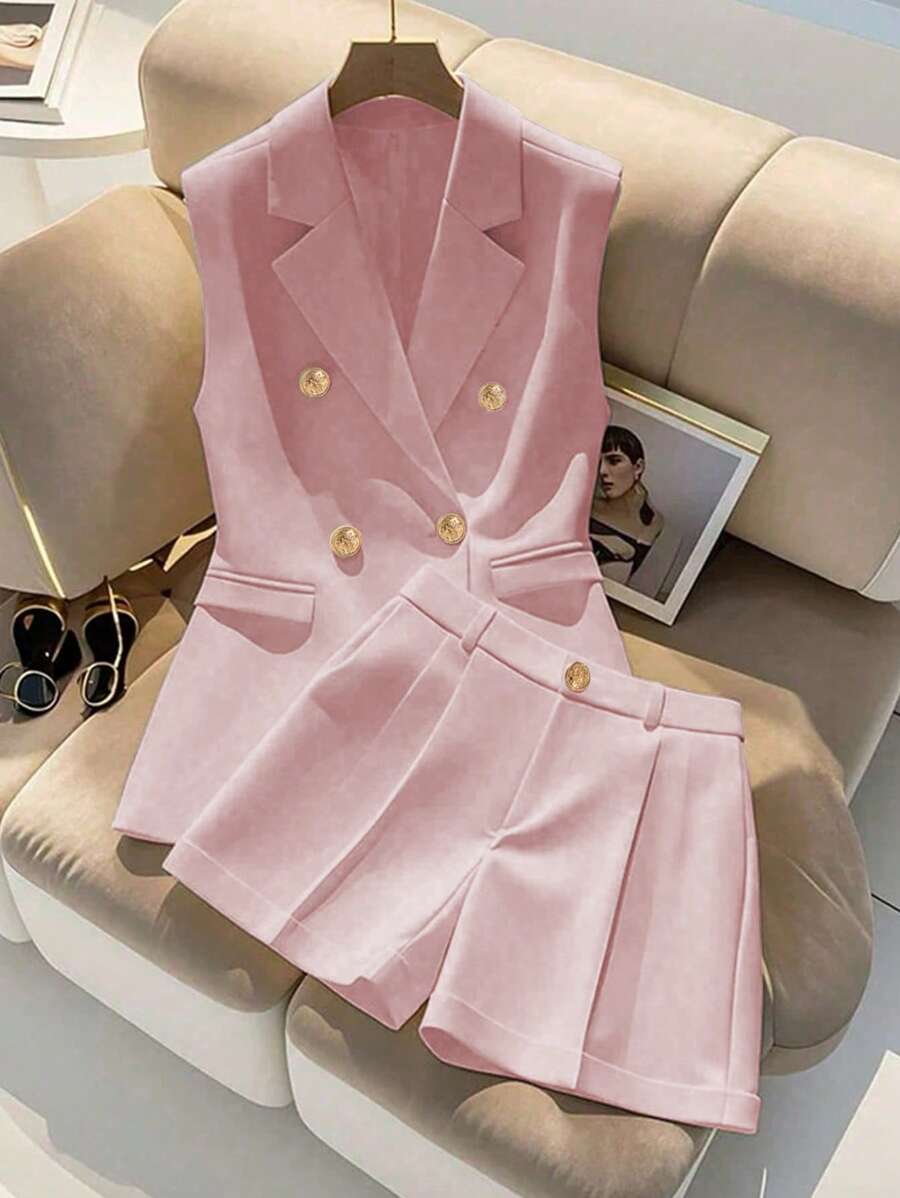Franclia 2 Pieces High-End Elegant Sleeveless Vest And Shorts Set - Pink - View 1