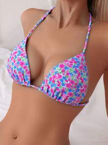 SHEIN Swim Women's Summer Beach Floral Print Halter Tie Sexy Bikini Set, Printed Pattern Random - Multicolor - View 4