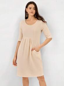 Miaspire Women Casual Solid Color Short Dress - Khaki - View 4