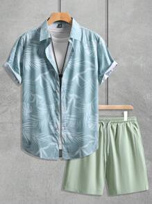 Manfinity RSRT Conjunto de 2 piezas de camisa hawaiana y pantalones cortos con estampado de hoja de tortuga para hombre - Multicolor - Ver 3