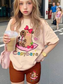 SHEIN Leap Crew Cute Cartoon, Capybara Print, Cute Bow Anime Print, Tween Girls Casual Short Sleeve T-Shirt And Shorts 2 Pieces Set, Suitable For Summer - Multicolor - View 1