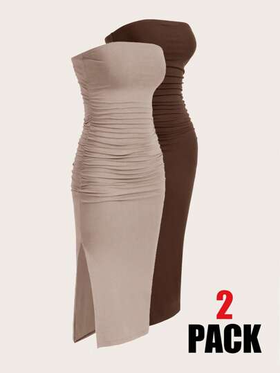 SHEIN EZwear Multi-Color Ruched Slit Up To Thigh Bandeau Bodycon Knit Dress For Women,Dresses For Women Summer