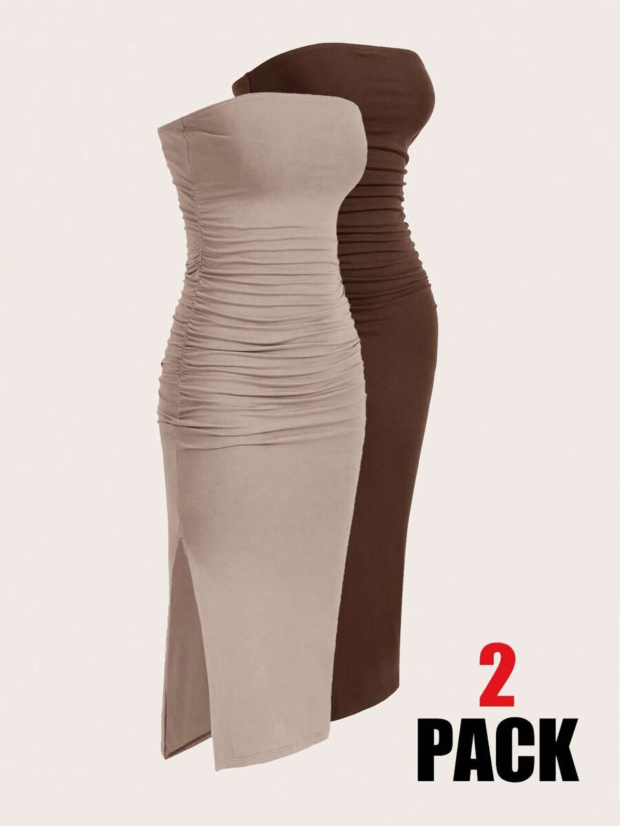 SHEIN EZwear 女式多色褶饰开衩至大腿抹胸紧身针织连衣裙 - 棕色 - 查看 1