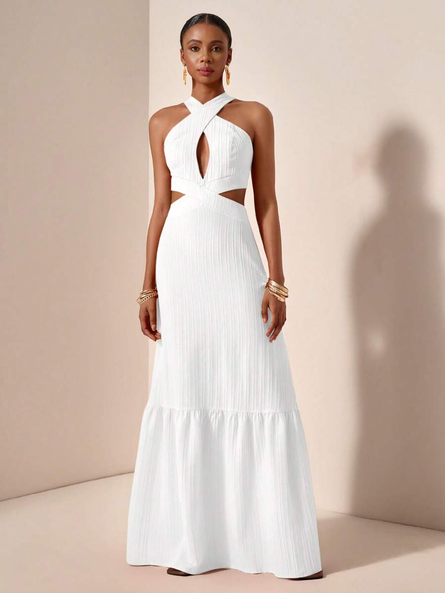 Zivah 2025 Váy Maxi Dệt Sọc Sóng Họa Tiết Màu Cam Cho Nữ Mùa Xuân Hè Mới Cổ Chữ V Halter Khoét Hở Trước Ngực Khoét Hở Lưng Eo Bánh Váy Maxi A-Pulse Váy Maxi Dệt Sọc Sóng Cho Nữ-A - trắng - Xem 1