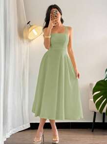 Firerie 女士优雅简约度假海滩黄色泡泡纱面料细肩带束腰 A 字中长连衣裙