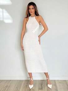 Firerie Boho Women Elegant White Autumn Vacation Knit Sleeveless Halter Backless Hollow Sweater Dress, Solid Color Crochet Summer Beachwear Outfits - White - View 8