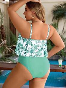 Swim Lushoire 2 件大码女式蓝白瓷花卉印花荷叶边圆领背心和褶皱高腰泳裤比基尼套装 - 彩色 - 查看 2