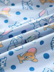 TOM & JERRY X SHEIN Baby Boy Cartoon Pattern Blue Cute & Funny Short Sleeve T-Shirt And Cute Bib Overalls Set