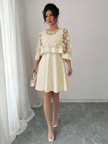 SHEIN Elenzya 女士优雅纯色连衣裙，搭配透明雪纺肩披肩，圆领 - 杏色 - 查看 6