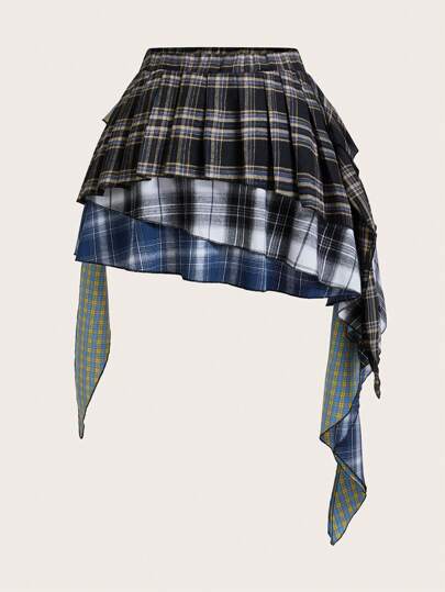 SHEIN ICON 大码复古休闲拼布格子不对称下摆褶皱 A 字裙