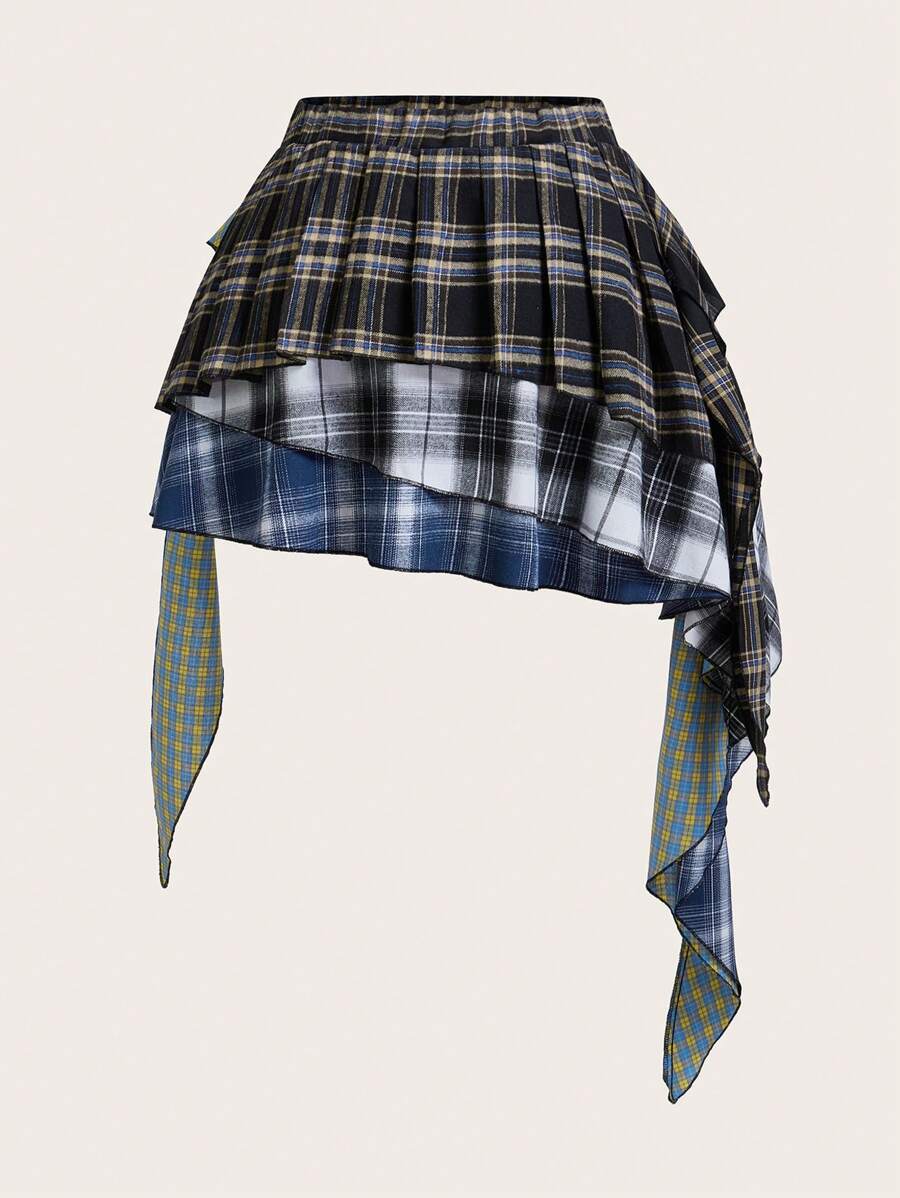 SHEIN ICON 大码复古休闲拼布格子不对称下摆褶皱 A 字裙 - 黑色 - 查看 1