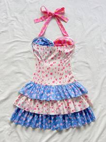 Soleia Women's Summer Vacation Colorful Ditsy Floral Ruffled Halter Tie-Back Bowknot Mini Dress With Layered Ruffle Hem, Suitable For Underdress Or Outerwear Women Short Dresses Summer Summer Birthday Dress