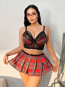 Fantasy Costume 2pcs Plus Size Women Plaid And Lace Sexy Lingerie Set