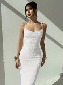 Firerie Elegant Romantic Apricot Spaghetti Strap V-Neck Fitted Textured Long Dress, Suitable For Valentine's Day And Wedding Season, Spring/Summer,Bodycon Dress,Boho Clothes Women - White - View 5