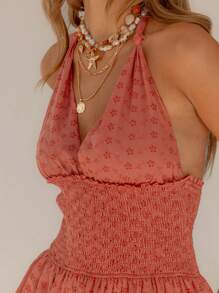 Aralina White Broderie Boho Summer Beach Vacation Halter Neck Shirred Tiered Mini Dress