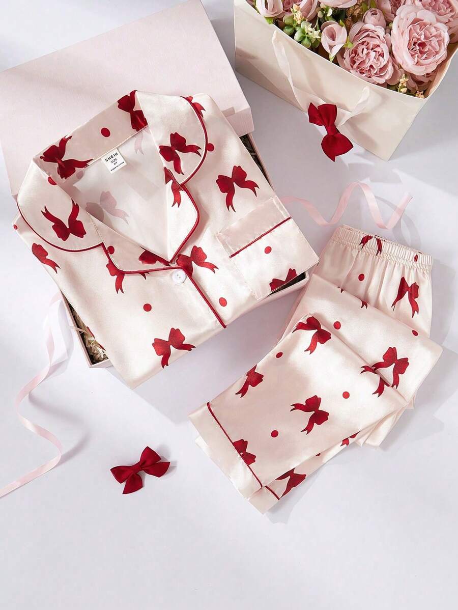 Genkimix Kids 2pcs Girls Allover Print Bowknot & Ribbon Pattern Polo Collar Cardigan Short Sleeve Top And Casual Long Pants Pajama Set - Apricot - View 1