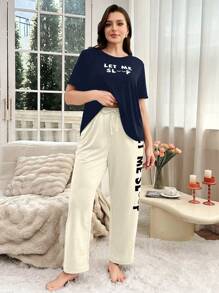 休闲字母睫毛印花大码睡衣套装 - 藏蓝色 - 查看 5